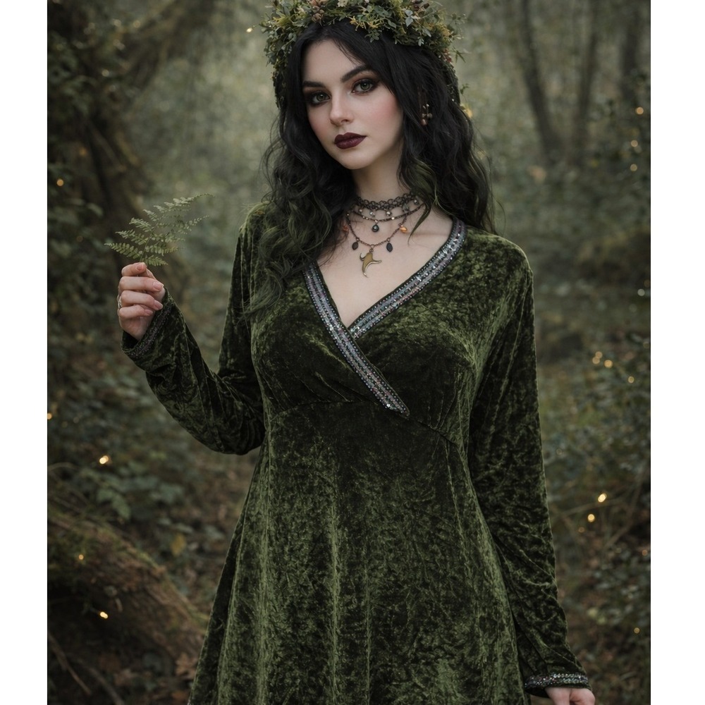 Y2K Silk Velvet‎ Babydoll Top L Green Beaded Whimsigoth Forest Fairy Goblin Glam